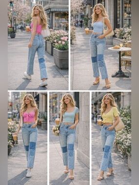 BDG Patchwork Straight Jeans in Light Blue Denim